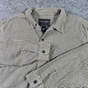 Vintage Polo Ralph Lauren Flannel Shirt Large Beige Houndstooth Loop Collar Camp
